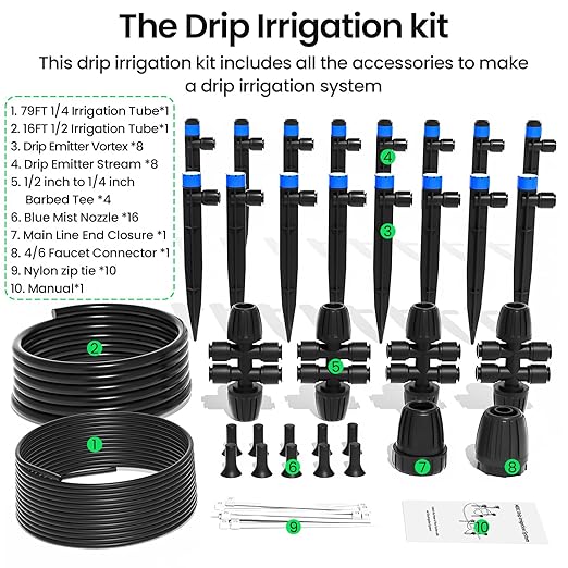 MIXC Drip Irrigation SystemQuick Connector Garden Watering System Automatic Sprinkler System Kit for Lawn Raised Bed Greenhouse Plant Watering System (16FT Main Tube+ 79FT 1/4'' Tube)