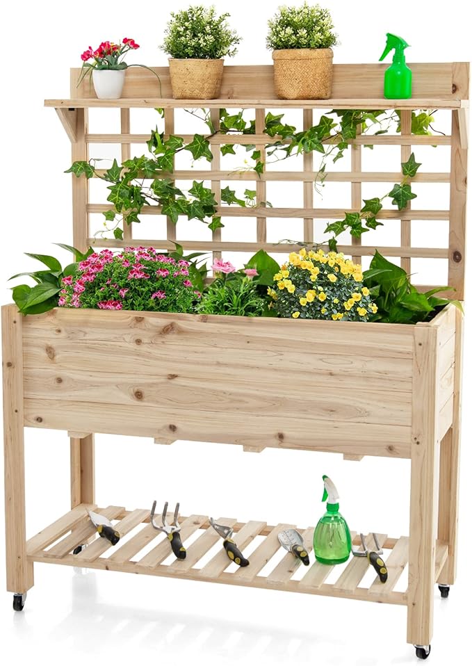 S AFSTAR Raised Garden Bed with Trellis 41.5x16x54in Mobile Elevated Planter Box with Wheels Bed Liner Top/Bottom Storage Shelves Freestanding Wood Planter Stand for Garden Patio Balcony