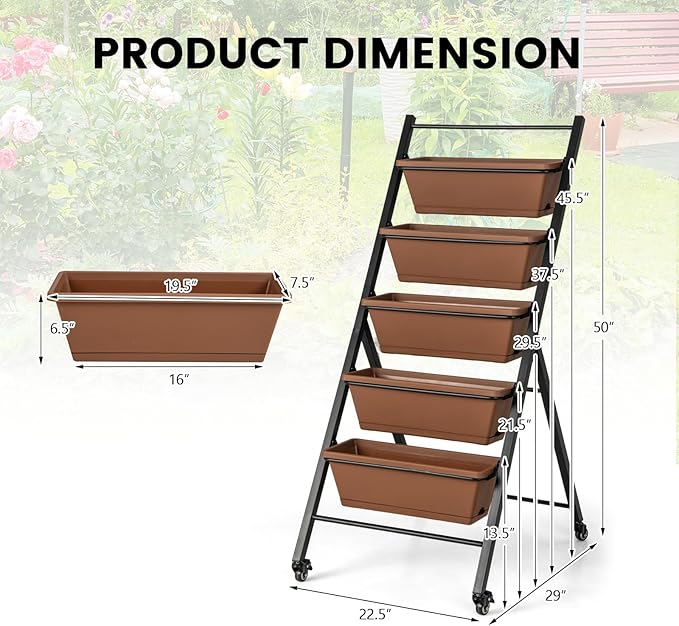 Giantex 2 Pcs Vertical Planter Raised Bed on Wheels Elevated Garden Beds with Water Drainage Hole Freestanding 5 Container Boxes for Herb Vegetables Flowers Growing Outdoor Indoor Patio Balcony