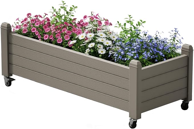 Raised Garden Bed with Wheels Outdoor Resin Planter Box with Drain Hole and Water Level Detector for Backyard Patio Balcony Gray (13.3 h)