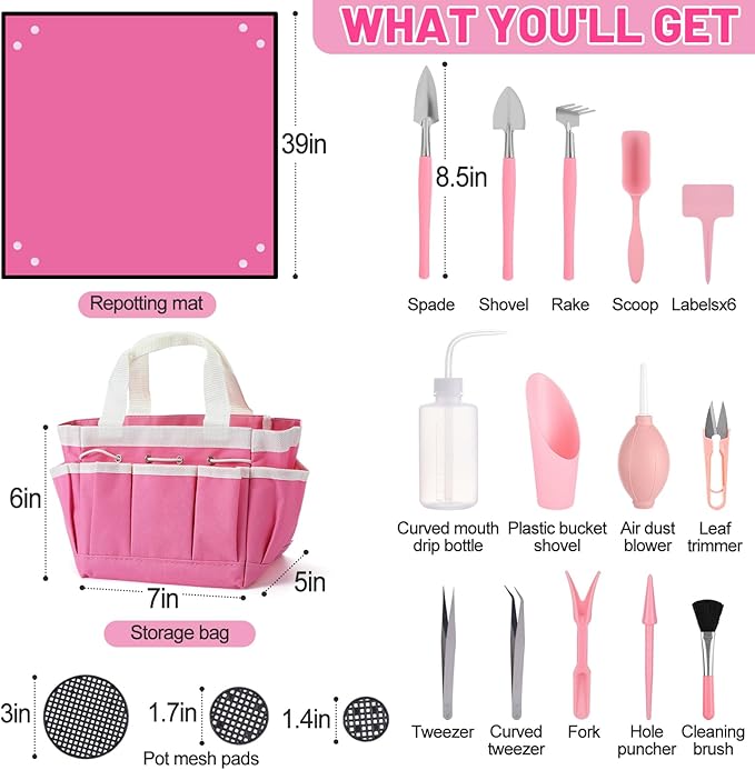 44pcs Small Gardening Tools Gifts for Women Beginners - Garden Hand Tools Set for Indoor Succulent Bonsai Plants Transplanting Included Bag/Repotting Mat/Shovel/Labels Pink