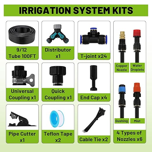 Drip Irrigation Kit - 100ft Automatic Watering System with 24 360° Sprinkler Nozzles T-Connectors for Garden Lawn Greenhouse Patio Plants &amp Hydroponics