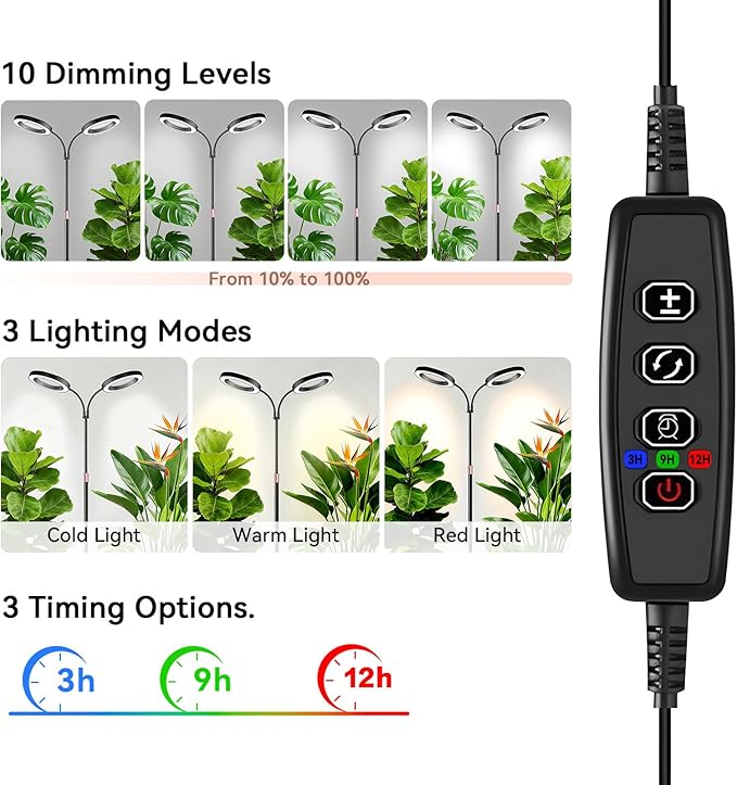 Dual-Head Grow Lights for Indoor Plants Full Spectrum Plant Lights with 23.5-67 Adjustable Height Stand 3 Growing Modes with Timer 3/9/12H Dimmable Halo Grow Lights for Large Tall Plants