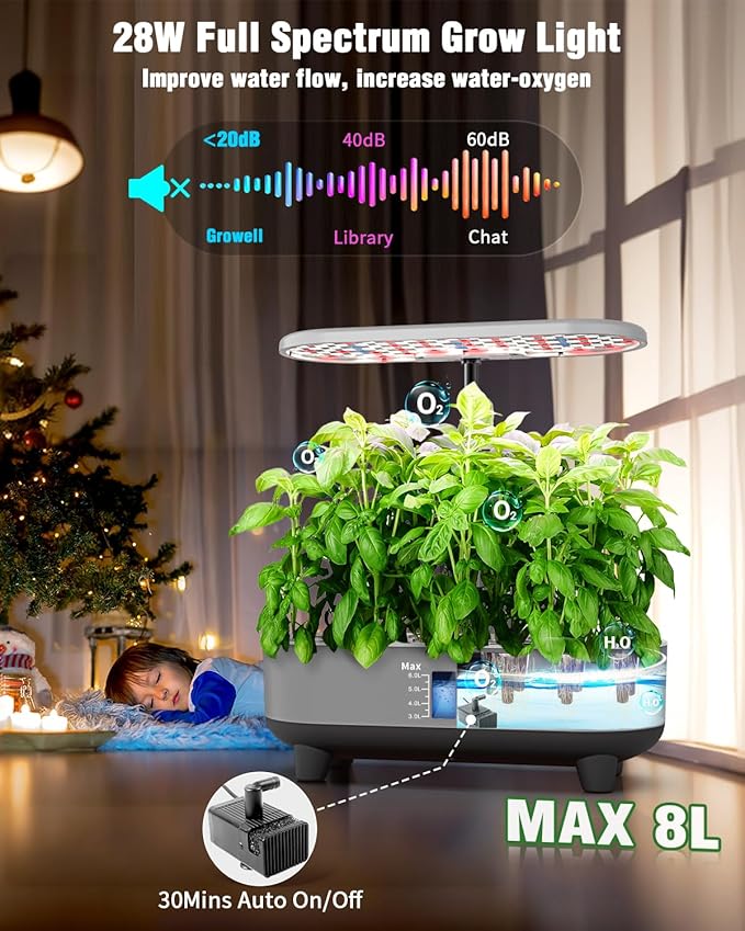 Hydroponics Growing System Kit 16 Pods Indoor Garden with 28W Full Spectrum LED Grow Light Auto Timer 3 Smart Light Modes 8L Large Herb Garden Ideal Gardening Gift for Women Men (Gray)