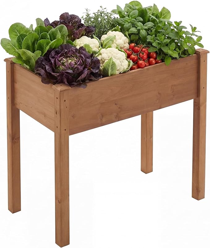 DUMOS Raised Garden Bed with Legs 34x18x30 Inch Planter Box Outdoor with Liner for Herbs Flowers Vegetables Elevated Wooden Garden Bed for Patio Balcony and Backyard Brown