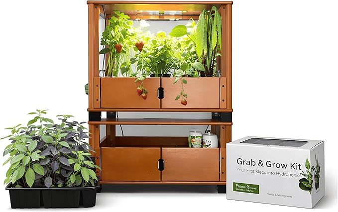 Hydroponic Home Garden Farm with LED Grow Lights + Grab &amp Grow Kit Included | Organic Microgreens Herbs &amp Vegetables | Real Wood Design | Stackable Mess-Free Year-Round Harvest (Brown)
