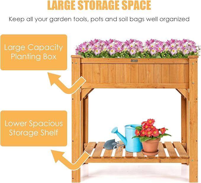 Giantex Raised Garden Bed Elevated Planter Box Kit with 8 Grids &amp Liner for Herbs Vegetables Flowers Outdoor Solid Fir Wood Planting Container with Legs &amp Storage Shelf for Backyard Patio (N