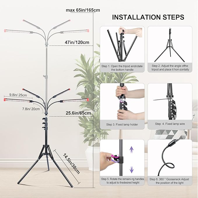 4Head Grow Light with Stand for Tall Indoor Plants Bonsai Tree Bright Full Spectrum Plant Growing Lamps 4/8/12/16/20H Timer 36 Watt Power Draw NO Need Adapter 360° Gooseneck