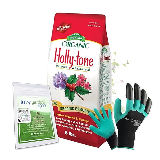 Espoma HT8 Organic Holly-Tone 4-3-4 8 lb. Evergreen &amp Azalea Plant Food with My Garden Pool PH Soil Test Strips 20 ct and Gardening Claw Gloves and Garden-IQ Smart Gardening AI Assistant!