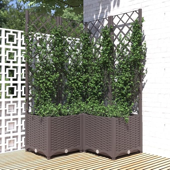 Brown Large Outdoor Planter with Trellis 31.5 x 31.5 x 53.5 in UV-Resistant Polypropylene Raised Garden Bed Box for Patio Balcony &amp Terrace