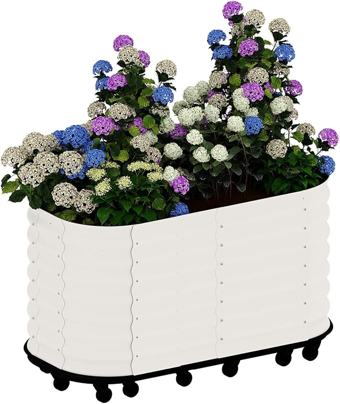 Portable Self-Watering Raised Garden Bed White 59x24x28in Metal Planter with Water Storage