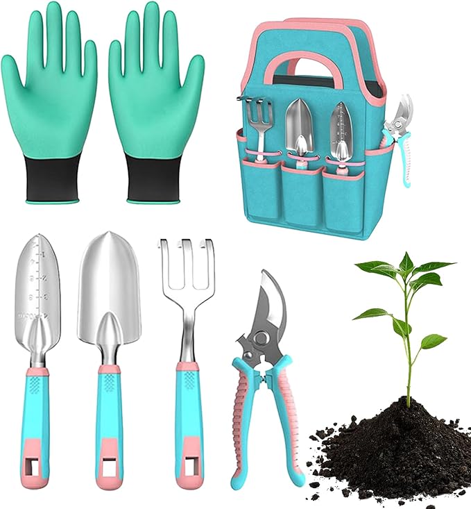 Planting Tool Set - Garden Gloves Trowel Rake Pruner Hand Tools Steel Garden Hand Tool Set Tote Indoor Outdoor Lawn Backyard for Patio Balcony Greenhouse Gardening