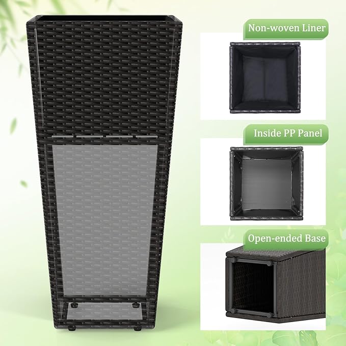 Giantex Set of 2 Outdoor Wicker Flower Pot 30 Inch Tall Planters with Drainage System PE Rattan Flower Pots Indoor Outdoor Decoration for Front Porch Balcony Entryway Dark Brown