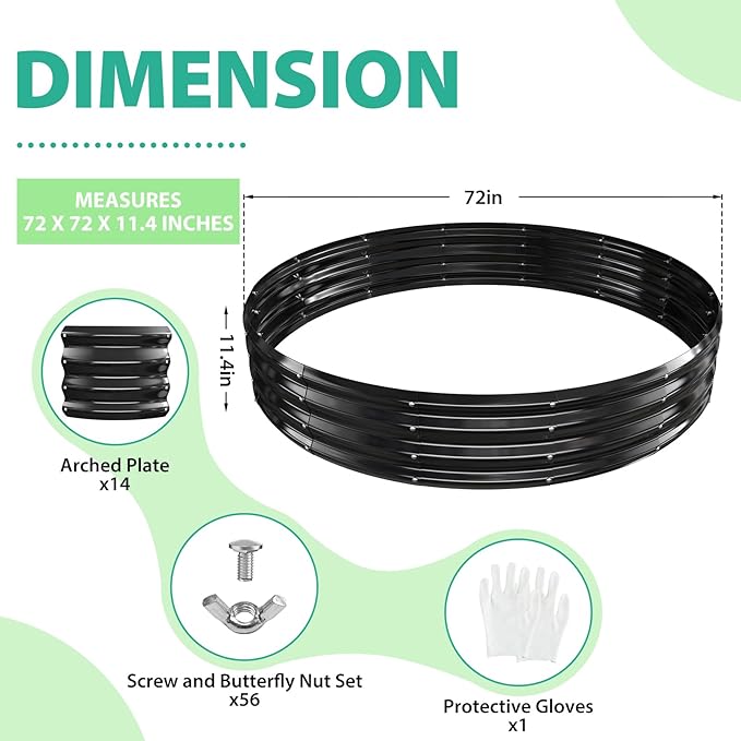 6FT Diameter Galvanized Garden Raised Bed/Plant Box/Fire Pit Ring-0.8mm Thick12 Inch TallCrimped Edge and CornerNo SharpePerfect for Plantings (Black 72 Dia X 12 inches)