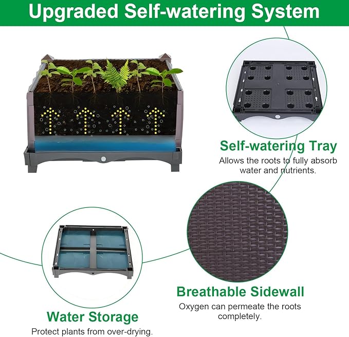 Raised Garden Bed Outdoor Square Vegetable Planters Elevated Raised Planter Plant Growth Box Containers with Self-Watering System for Garden Patio Balcony (Large)