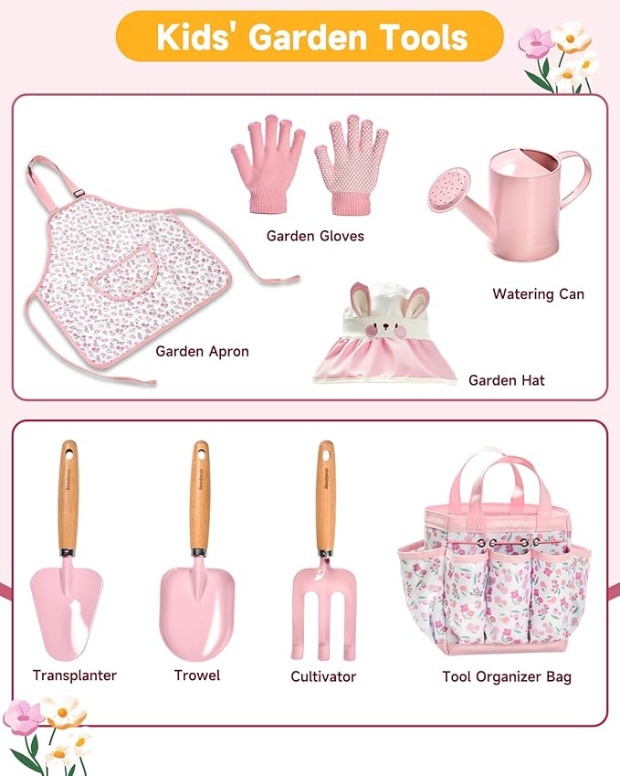 Kids Gardening Tool Set Toys - 8 Pieces Quality Garden Kit for Toddlers &amp Kids with Shovels Rake Watering Can Hat Apron Gloves &amp Storage Bag (Pink Flower)