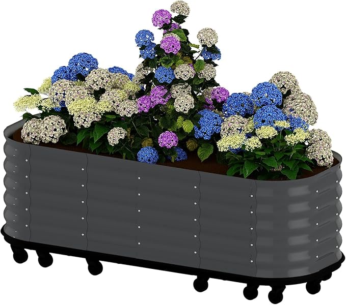Self-Watering Raised Garden Bed Gray 94x24x20in Metal Planter with Lockable Wheels &amp Water Reservoir