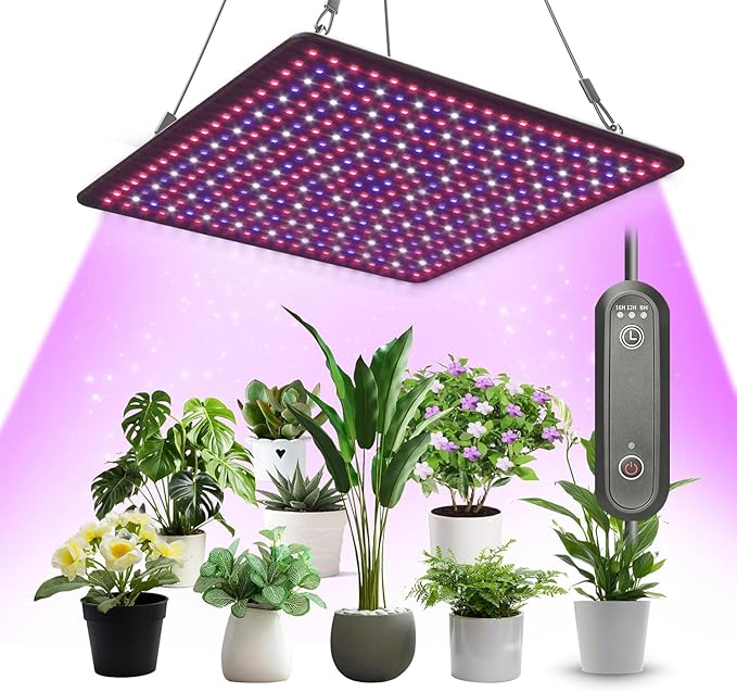 LED Grow Light Panel 600W Lamp for Indoor Plants Full Spectrum with White Blue Red UV IR LEDs for 3x3ft Coverage Grow Tent Greenhouse Veg and Bloom Seedlings Hydroponics Timer Brightness