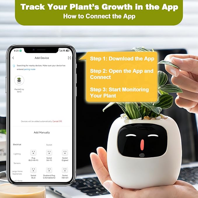 Smart Planter with App Control Self-Watering AI Plant Pot with LCD Display Interactive Desk Plant Companion for 100+ Plants Smart Indoor Planter with Pomodoro Timer80ml ReservoirCalendar-White