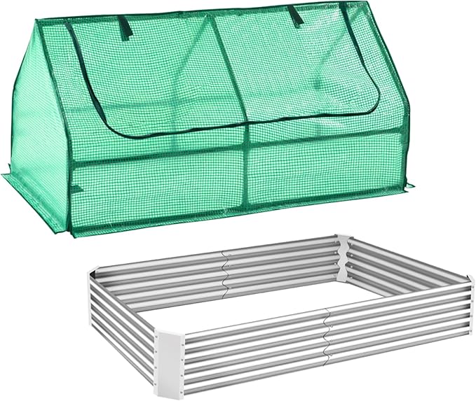 6x3x1FT Galvanized Steel Raised Garden Bed Durable Outdoor Metal Planter Box with Cover Large Metal Greenhouse for Vegetables Flowers Herbs Rust-Resistant Sun&ampWind Protection