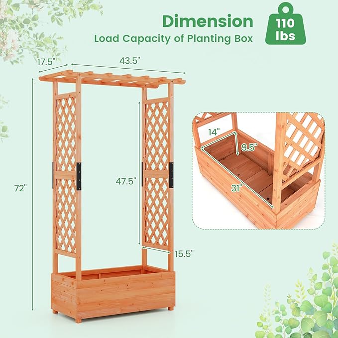 LDAILY Raised Garden Bed with Trellis Above Ground Garden Bed with Hanging Roof Side Trellis &amp 4 Drainage Holes Planter Box for Outdoor Climbing Plants Vines Flowers (1 43.5L x 17.5W x 72H