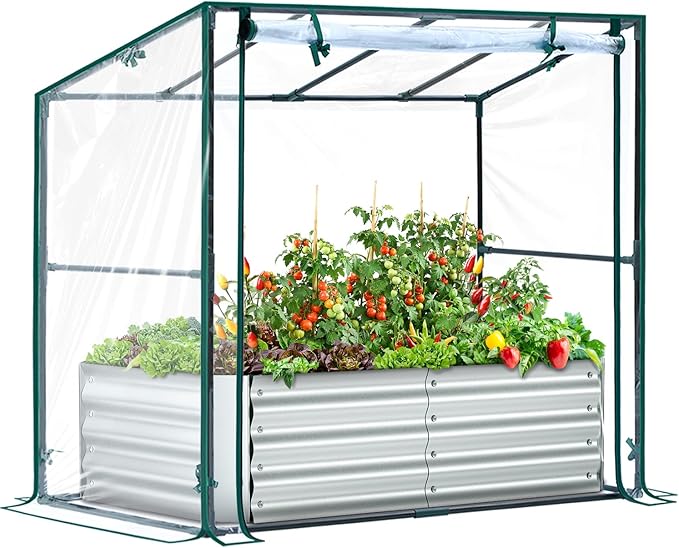 Ohuhu Raised Garden Bed with Cover Outdoor 4x2x1 FT Galvanized Metal Planter Box with PVC Greenhouse Cover Protects Plants from Frost Birds Insects 3-in-1 Gardening Set for Vegetable Flower Herb