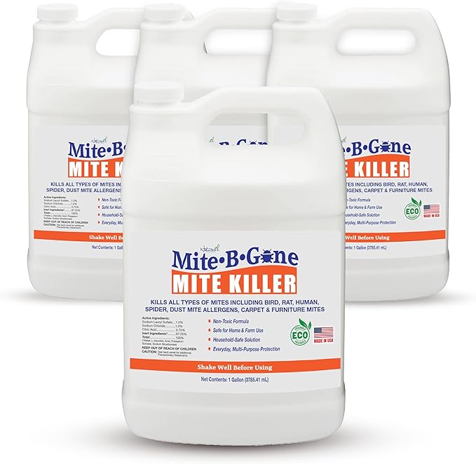 Mite Killer Treatment Spray Pack by Mite-B-Gone - Naturally Kills All Types of Mites Human Dust Spider Rat Carpet &amp Bird Mites | Family &amp Pet Friendly | 1 Gal 4-Pack