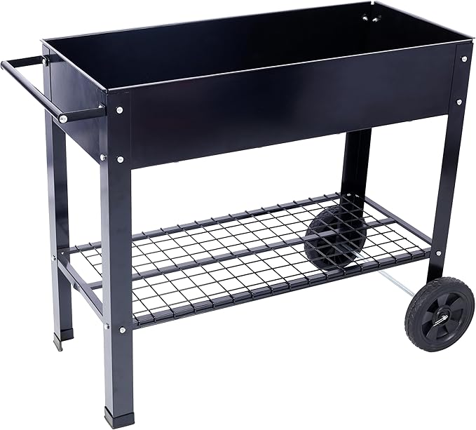 Products Elevated Mobile Raised Ergonomic Metal Planter Garden Bed for Backyard Patio w/Wheels Lower Shelf Black