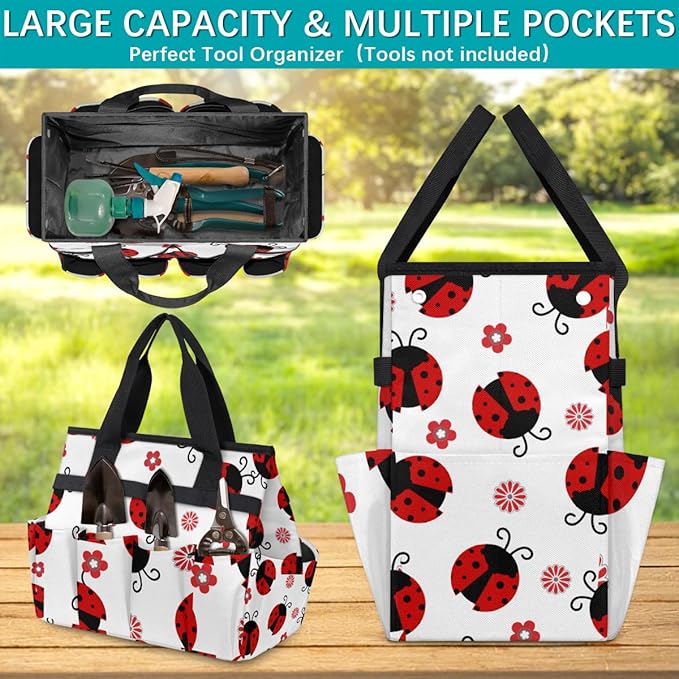 Ladybug Gardening Tool BagHeavy Duty Garden Tote BagPortable Oxford Flower Gardening Storage Basket Organizer Handbag with Pockets HandleHand Tools Gifts for Outdoor Garden Lawn Yard