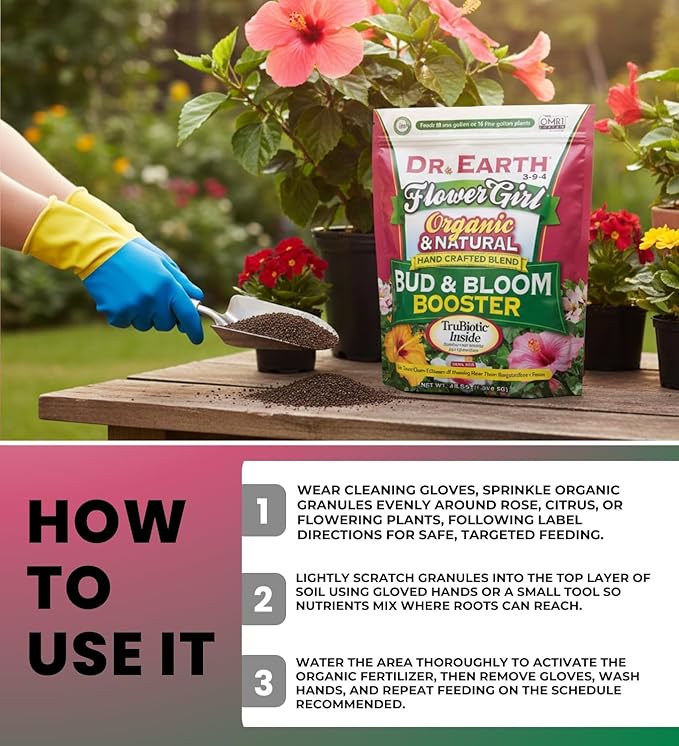Dr. Earth Flower Girl Organic Granules Rose Citrus Plant Food 4 lb Bundle with Cleaning Gloves for Rose Fertilizer Support &amp Garden Use — Gift Set (2 Items)