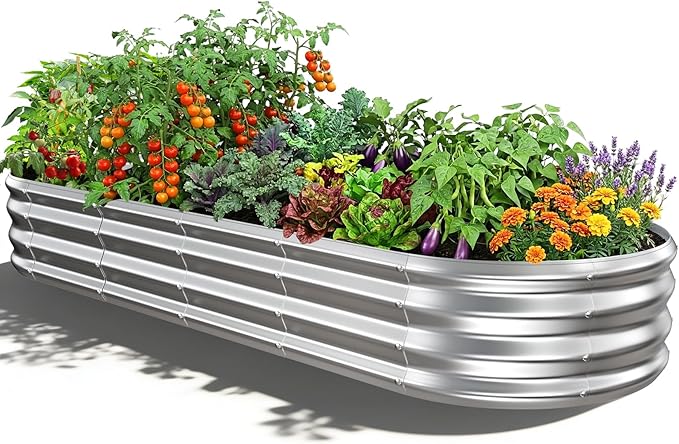 Oval Raised Garden Bed 5 x 2 x 1FT Galvanized Steel Planter Box with Wave-Shaped Metal Panels for Outdoor FlowerTreeHerb &amp Vegetable Garden (Silver 72X24X12 inches)