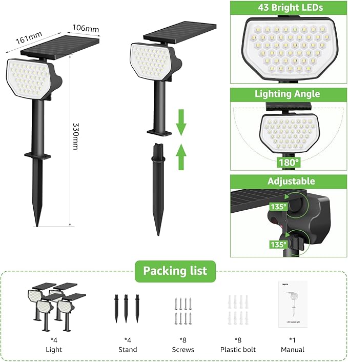Lepro Solar Decorative Spot Lights 4 Pack Cool White Modern Accent Lights for Garden &amp Landscape IP65 Waterproof Adjustable Spotlight for Architecture Pathways Contemporary Decor