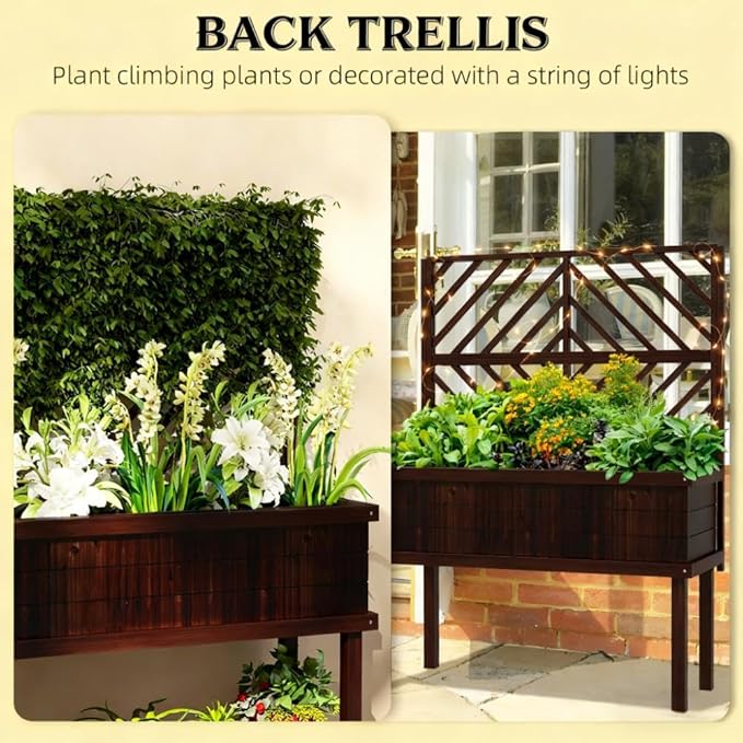 Elevated Wooden Raised Garden Bed with Trellis - Heavy-Duty 132 lbs Capacity Self-Draining Planter Box for Climbing Plants &amp Flowers Outdoor Vertical Gardening Solution (Brown+Black)