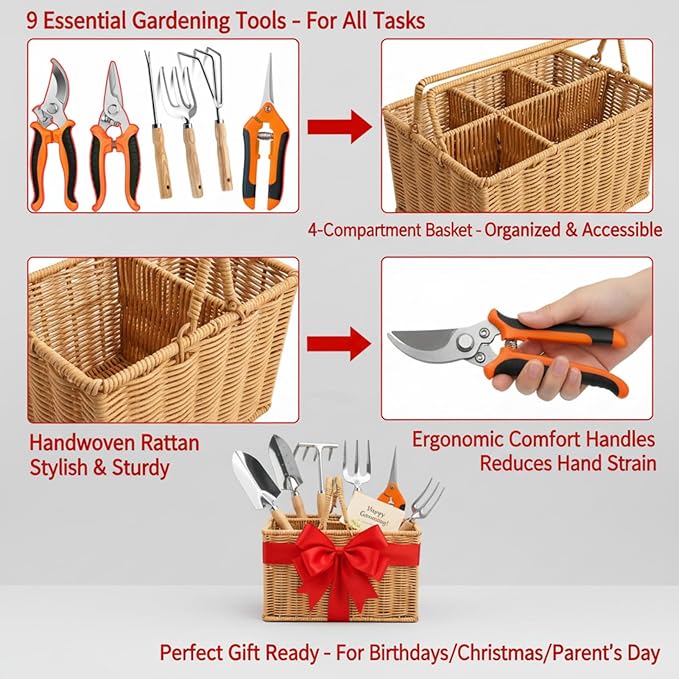 Garden Tools Set with Basket 9-Piece Garden Tools for Gardening with Woven Organizer Complete Gardening Hand Tools Set Gift for Women Men