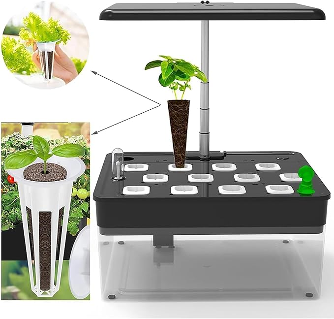 Smart Garden 12 Pods Countertop Hydroponic Growing System with LED Grow Light Indoor Smart Hydroponics &amp Eco Fish Tank Planter for Home Kitchen Office White