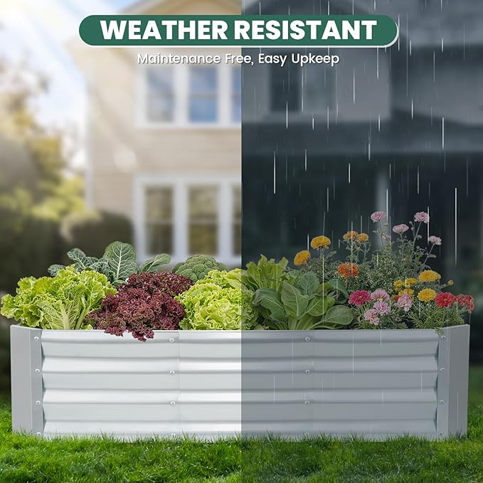 G GOOD GAIN 4x2x1ft Raised Garden Bed – Galvanized Metal Planter Box for Vegetables Flowers Herbs Fruits – Outdoor Garden Beds with Open Bottom Sliver