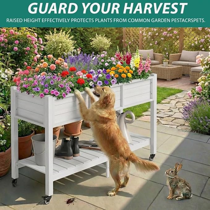 YITAHOME Raised Garden Bed HDPE 47x18x31In Raised Flower Bed Poly-Wood Weather-Resistant Elevated Planter Box with Lockable Wheels &amp Storage Shelf for Vegetable Flower White
