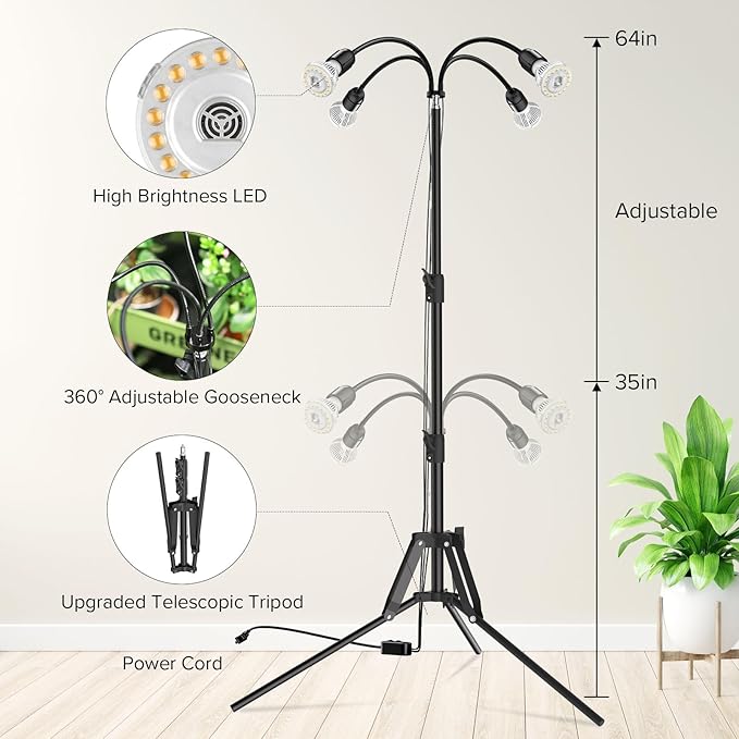 SANSI Grow Lights for Indoor Plants 4 Head Dimmable Plant Lights for Indoor Growing 35-64 Adjustable Tripod LED Grow Light Lamp with Remote Control Auto On/Off Timer 4 Pack of Par20 10W Bulbs