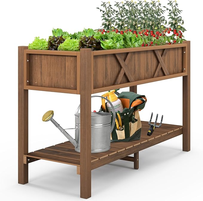 Raised Garden Bed with Legs 47 x 18 x 29 Inch Elevated Planter Box w/HIPS Frame Drainage Holes &amp Storage Shelf Standing Raised Planter for Flowers Herbs Outdoor Balcony Backyard (Coffee)