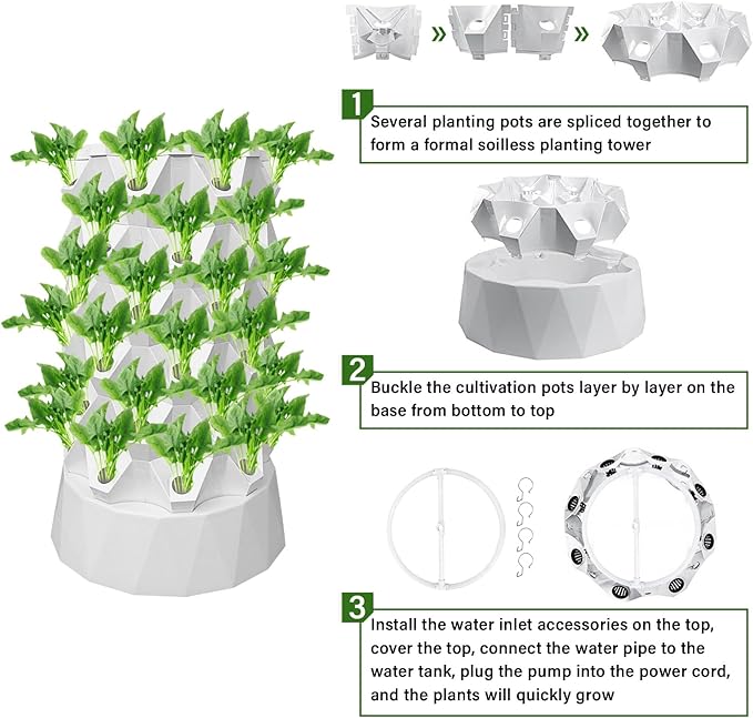 Hydroponic Tower Growing System 6 Layers 48 Pots with Water Pump Indoor Outdoor Hydroponics Planter Kit Vertical Garden Tower for Growing Strawberries Tomatoes Lettuce