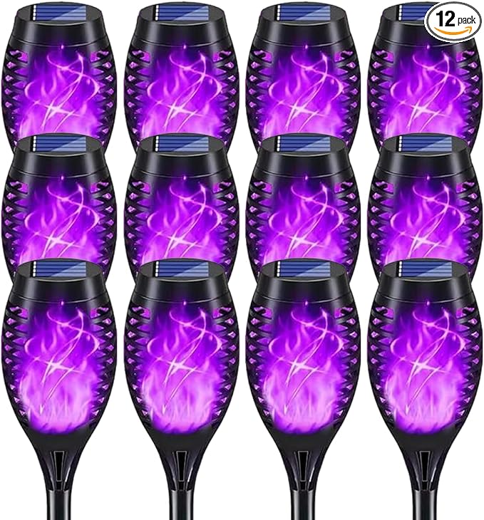 Solar Lights Outdoor Decorations Upgraded Purple Flickering Flame Waterproof Halloween Torch Lights Tiki Torches for Outside Patio Pathway Decor 6 Pack (12)