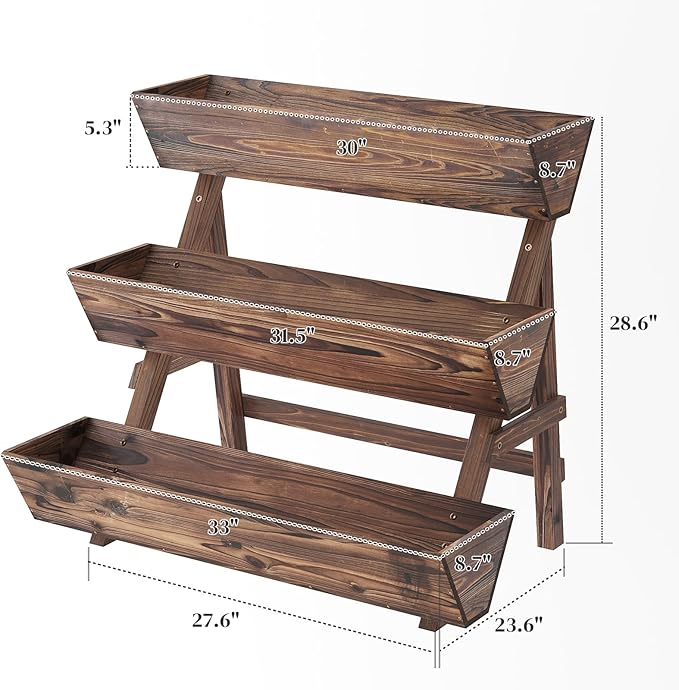 3-Tier Wooden Vertical Raised Garden Bed with Legs Tiered Planter Box Vertical Garden PlanterWood Plant Stand Wood Flower Rack for Patio Balcony Freestanding. (Carbonized-Large)