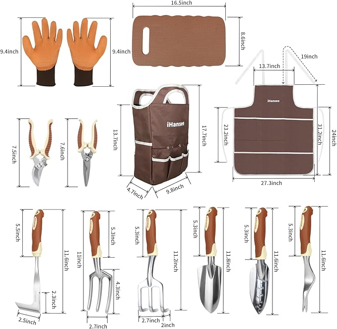 Brown Gardening Tools Set 12-Piece Garden Hand Tool Kit with Non-Slip Ergonomic Handle Storage Tote Bag Garden Apron Gloves and Kneeling Pad Gardening Gifts for Women Men Plant Lover