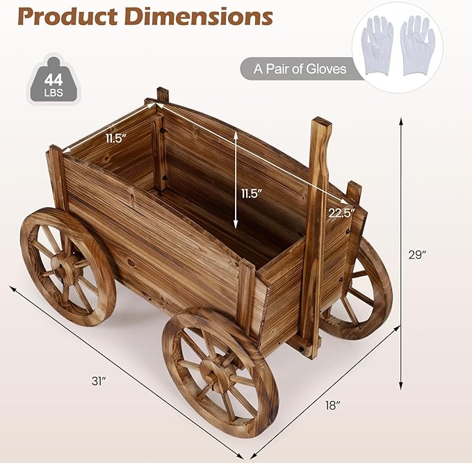Giantex Wood Wagon Planter Rustic Rolling Flower Pot Stand with Wheels Handle &amp Drainage Hole for Growing Vegetables Herbs Indoor Outdoor Decorative Cart for Patio Balcony Garden
