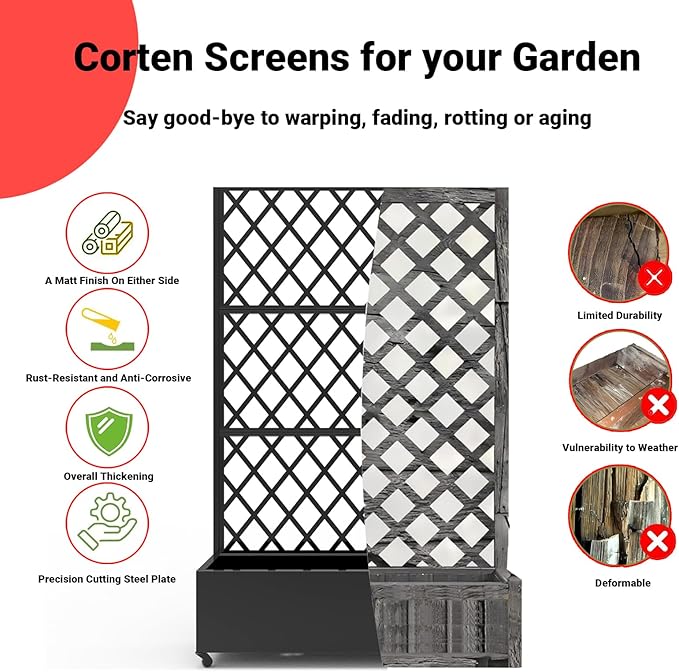 GarveeLife Metal Privacy Screen with Wheels – Galvanized Steel Garden Trellis &amp Planter Box for Climbing Plants/Vines– Galvanized Raised Garden Bed for Patio Yard Balcony