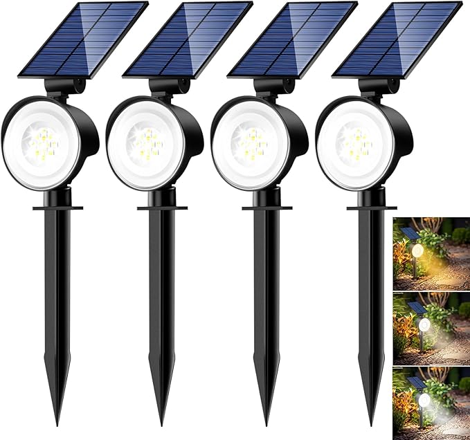 nipify 4 Pack Solar Lights Outdoor Waterproof 3 CCT Solar Spot Lights with 2 Brightness Landscape Spotlights for Outside Garden Yard Trees
