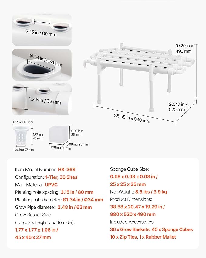 VEVOR Hydroponics Growing System Kit 1-Tier 36 Sites UPVC Pipe Hydroponic Grow Kit with Timed Irrigation Sun &amp Light Blocking Pipes Indoor Home Garden Vegetable Planting Grow Kits for Fruit Her