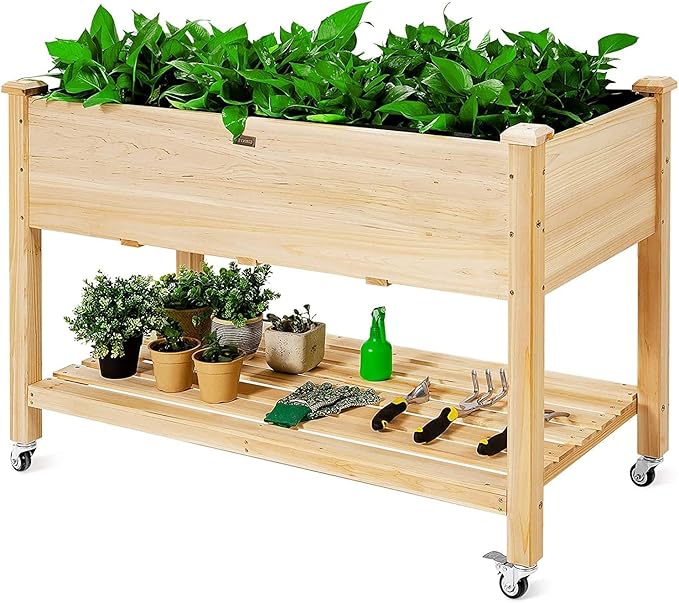 GRAFFY Raised Garden Bed with Lockable Wheels Mobile Elevated Wood Planter Box w/Shelf Wood Planter Box with Legs Liner Drain Holes Outdoor Planting Bed Planting Container for Patio Backyard