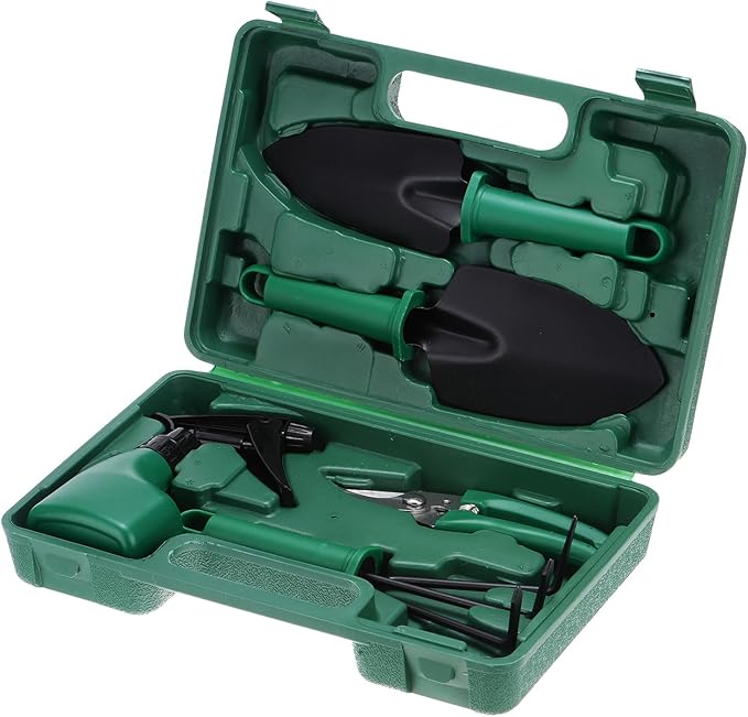 HARFINGTON 1 Set Garden Tool Set 5 Pieces Plastic Gardening Planting Tools Kits with Shovels Rake Scissor Water Sprayer and Store Case Dark Green