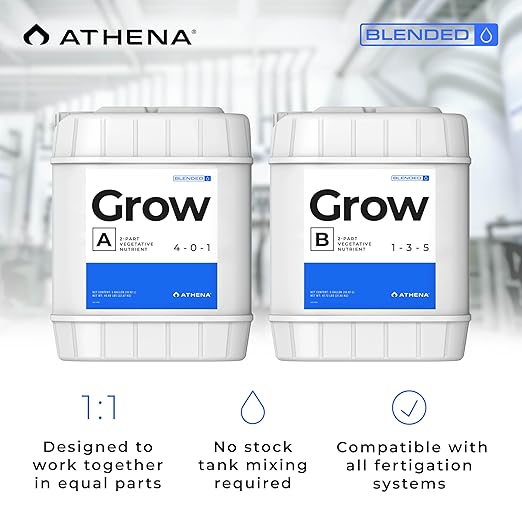 Athena Blended Grow A&ampB | 2-Part Vegetative Liquid Fertilizer for Hydroponics &amp Soil | Plant Food for Veg Stage Growth | NPK A 4-0-1 | B 1-3-5 | 5 Gallon